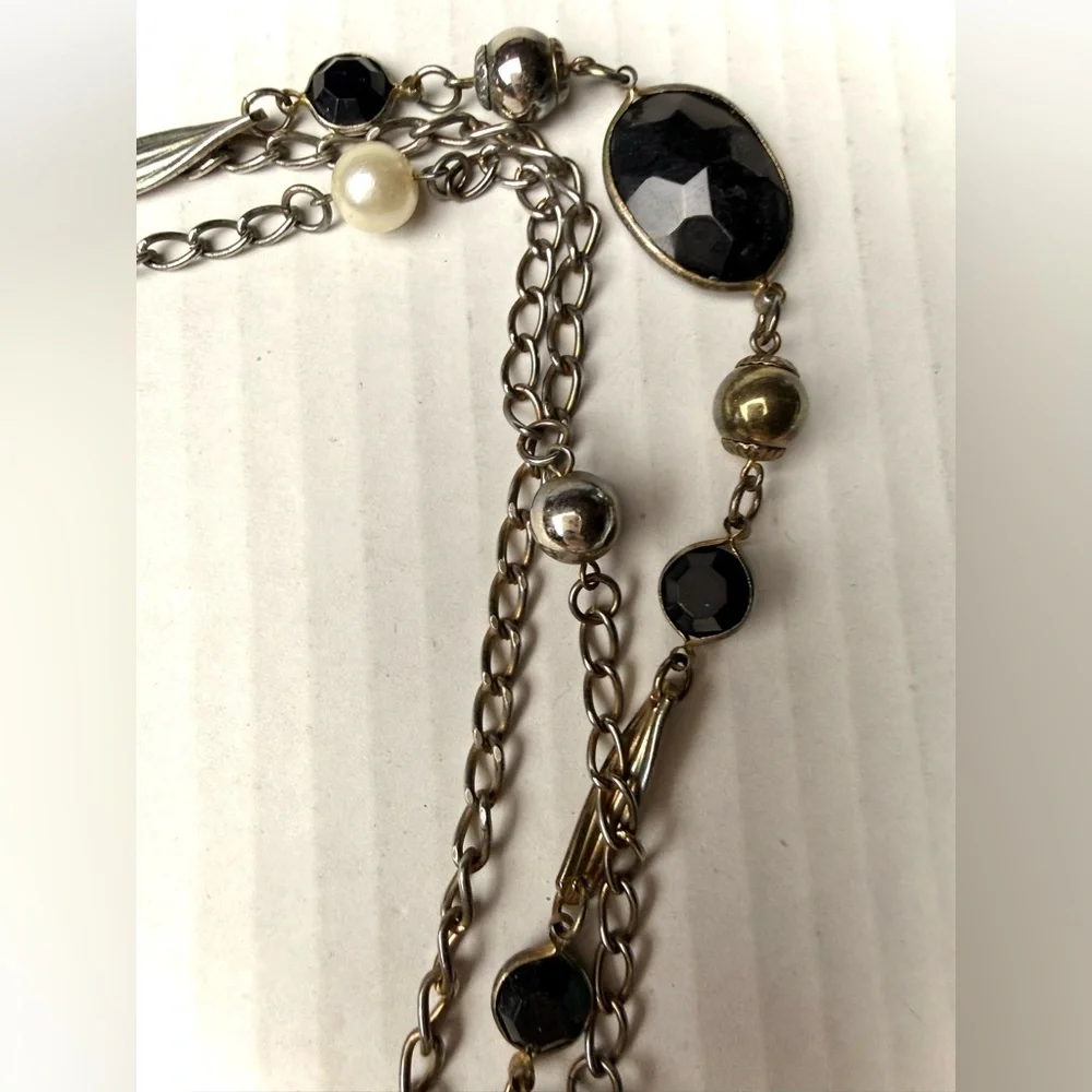 Multi Strand Chain Faux Pearl Black Stones Necklace Tiered Silver‎ Tone